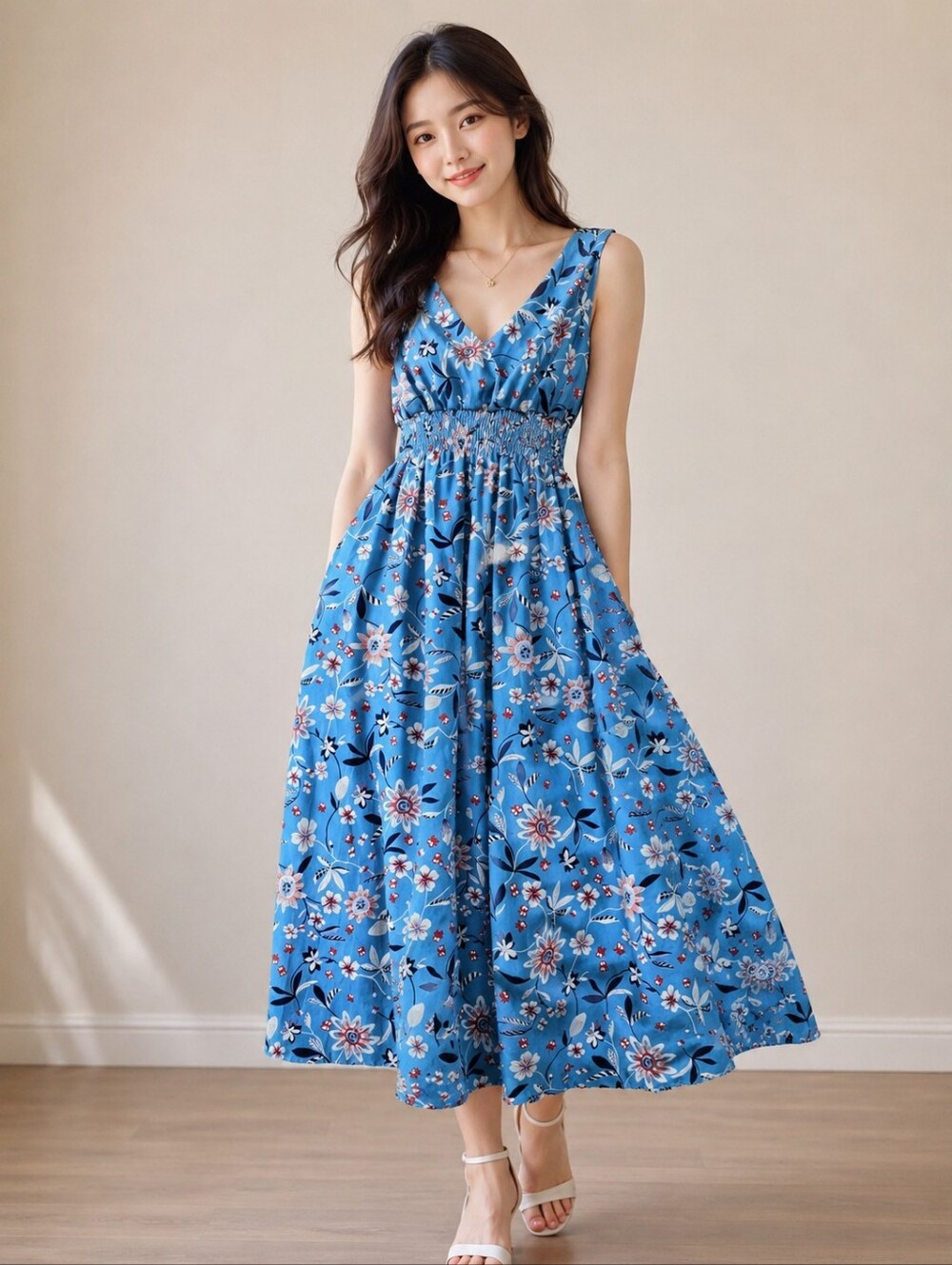 Blue Floral V-Neck Sleeveless Midi Dress M/L - Picture 4 of 8